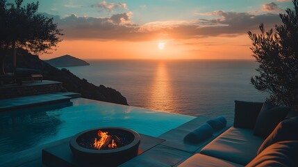 A villa in the ocean with a rooftop infinity pool firepit seating and stunning sunrise views over the horizon.