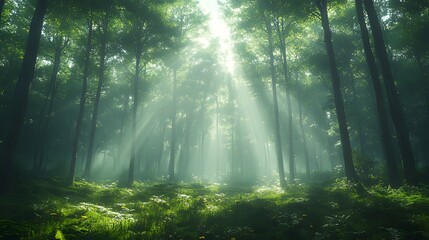 Obraz premium Sunbeams illuminate a misty, green forest path.