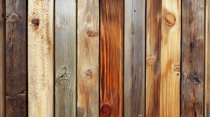 Fototapeta premium A close-up view of a wooden fence showcasing various textures and colors of timber.