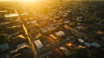 A wide drone shot of an LA ghetto at sunset with golden light reflecting off weathered buildings and winding streets.