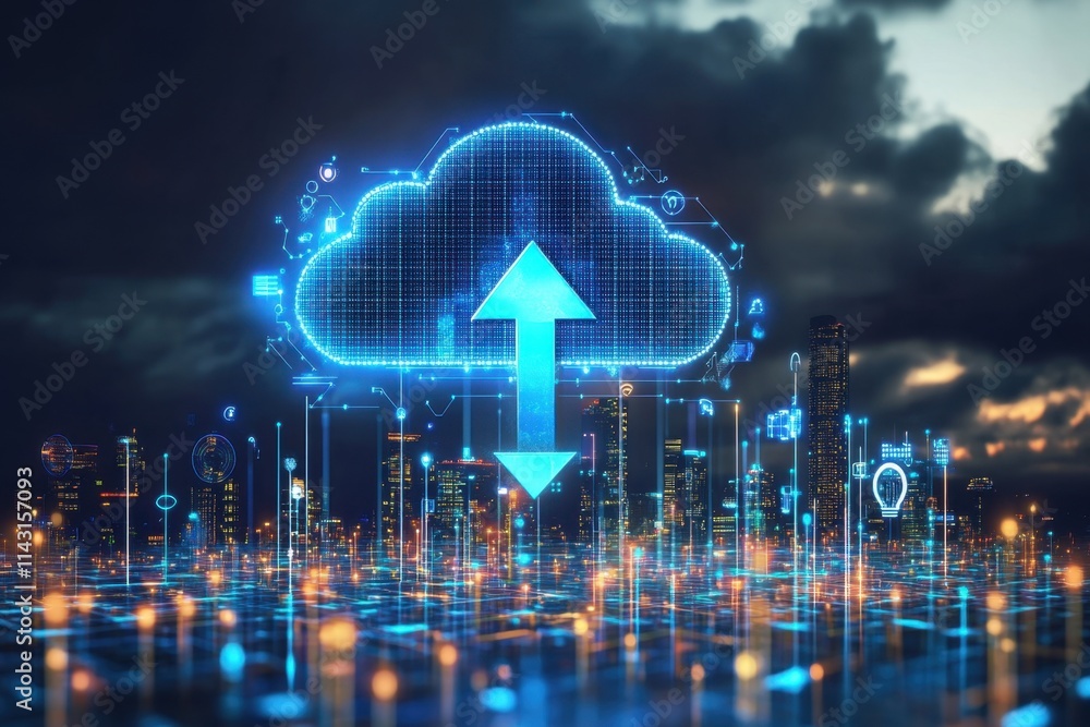 Poster a blue digital cloud icon with an arrow pointing up, surrounded by glowing connections and icons rep
