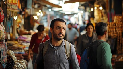 Four adventurers navigating a crowded Istanbul bazaar dodging vendors and shoppers with determined faces.