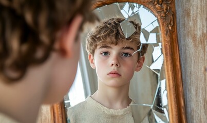 Youthful reflection, shattered mirror, somber expression.
