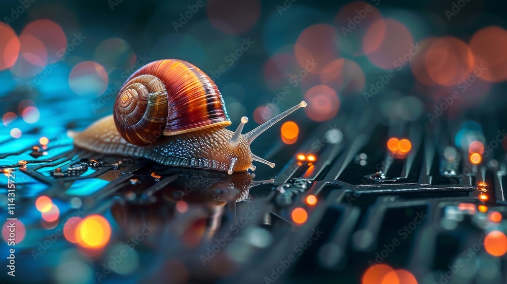 Poster close-up of a snail with a glossy shell crawling across a circuit board, surrounded by vibrant bokeh