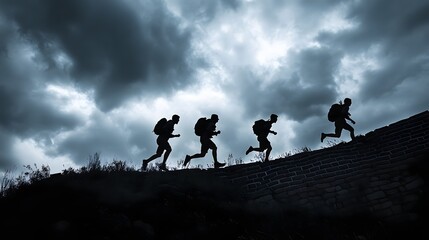 Four adventurers sprinting across the Great Wall of China silhouetted against a dramatic stormy sky.