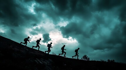 Four adventurers sprinting across the Great Wall of China silhouetted against a dramatic stormy sky.