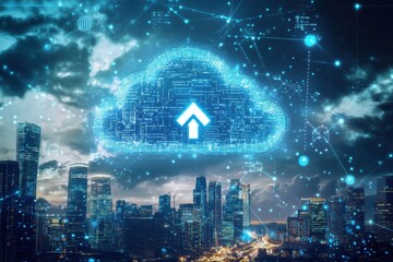 A cloud with an arrow pointing up and down, surrounded by digital connections in the background of city buildings The color palette is blue to symbolize technological innovation Generative AI