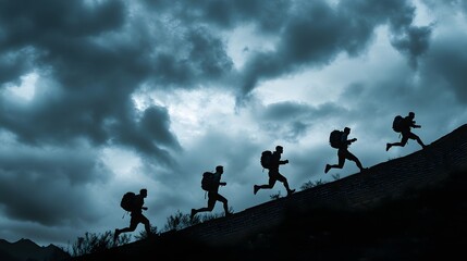 Four adventurers sprinting across the Great Wall of China silhouetted against a dramatic stormy sky.