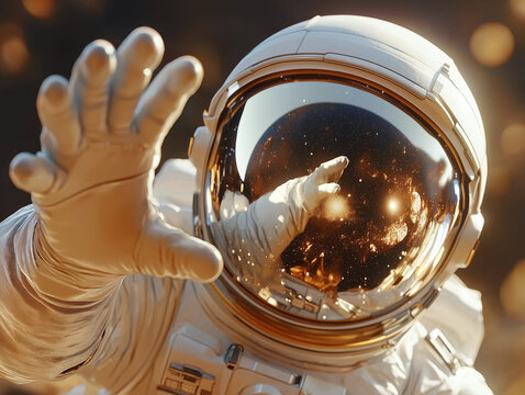 Astronaut betrachtet das Universum mit reflektierender Helmvisier.

