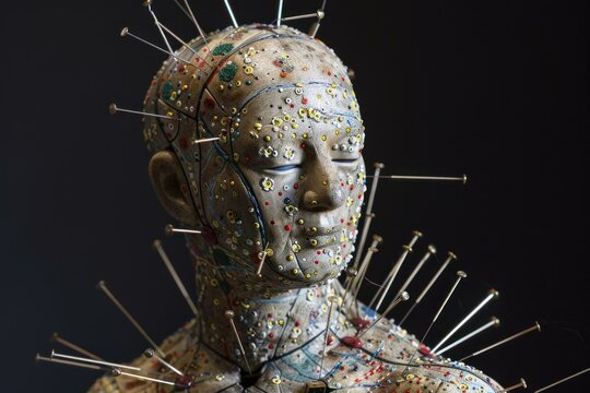 Acupuncture model illustrating meridians and acupoints with needles, used by acupuncturists for teaching and demonstration purposes