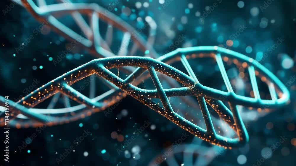Poster medical background showing a dna double helix rotating with glowing particles, representing genetic 