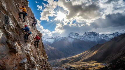Four teammates scaling a rocky cliff in the Andes with the sun breaking through clouds above them.