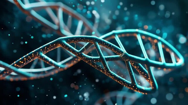 Medical background showing a dna double helix rotating with glowing particles, representing genetic engineering, scientific innovation, and the potential of personalized medicine