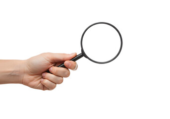 hand holding a magnifying glass on transparent background, png