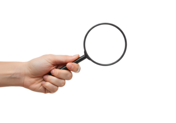 hand holding a magnifying glass on transparent background, png