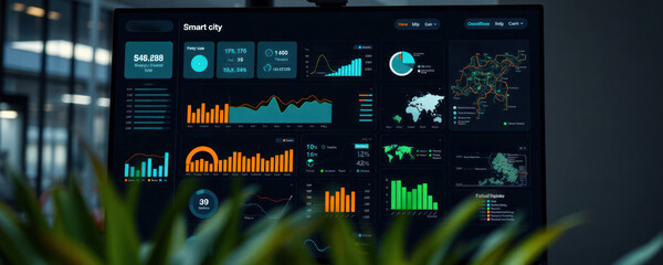 Smart city dashboard displays energy use public transport routes, green space management. Visual data includes charts graphs, maps. Modern tech for eco-friendly urban planning. Data displayed on