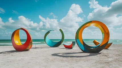 A beachside art installation on Miami Beach with colorful sculptures reflecting the spirit of summer and coastal creativity.