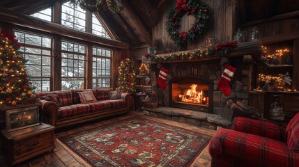 Cozy cabin interior with roaring fireplace and festive holiday decorations in a winter wonderland
