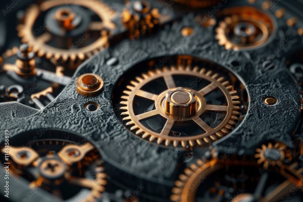Poster close up view of a clockwork mechanism with many interlocking cogs turning and working