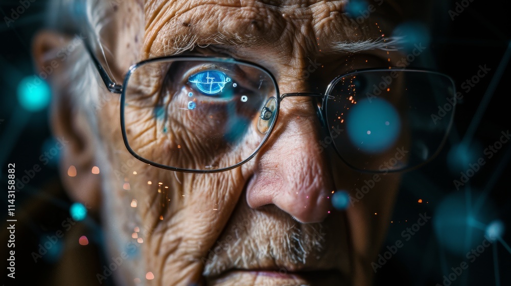 Poster close-up of an elderly man wearing glasses, reflecting a glowing augmented reality interface. futuri