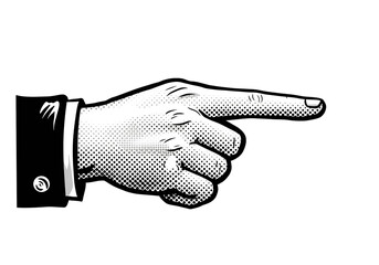 Finger pointing gesture, indicating aside, showing. Pointer sign. Halftone old style vector isolated on white background
