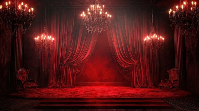 A dramatic, red-themed stage setting with ornate chandeliers and plush curtains, ideal for theatrical performances or events.