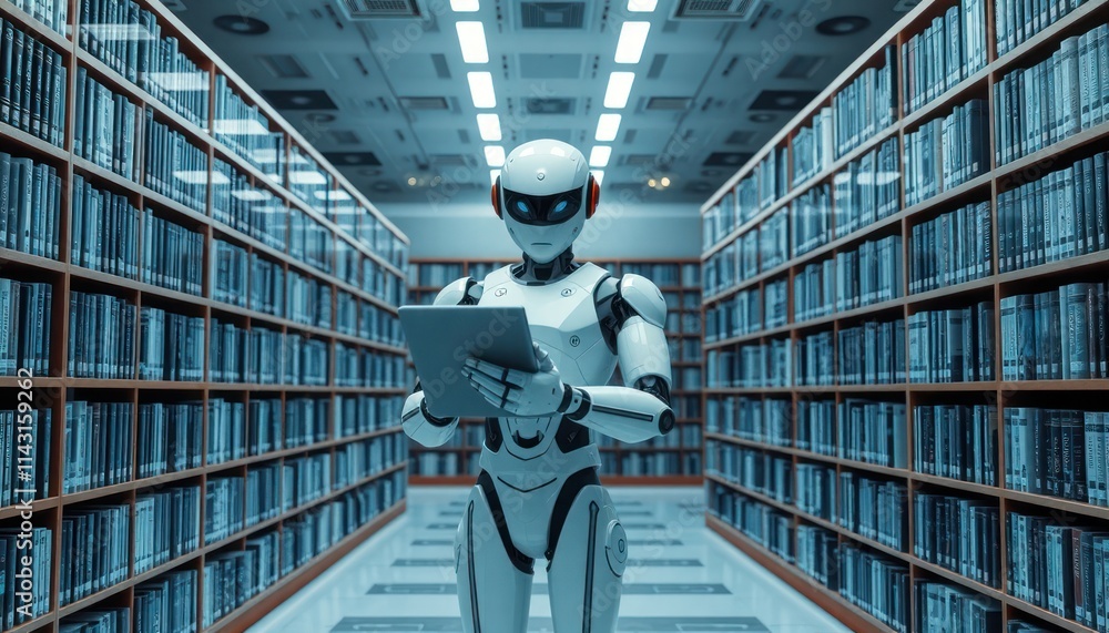 Poster futuristic library setting shows robotic librarian organizing digital archives. robot uses tablet in