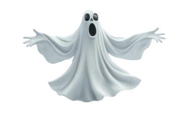 Flying white ghost character with surprised expression for Halloween design element isolated on transparent background