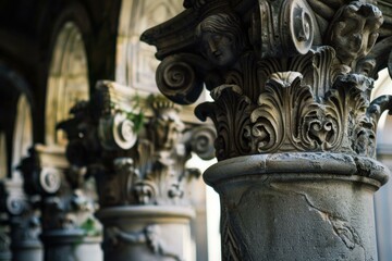Weathered stone column with intricate carvings stands as a testament to the passage of time in a grand, old building
