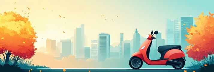 Obraz premium A Vibrant Red Scooter Parked by Autumn Trees with a City Skyline in the Background, Capturing the Essence of Urban Life in Harmony with Nature.