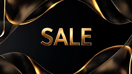 Stylish 'SALE' banner with gold letters and elegant ribbons on black, highlighting luxury and sophistication for branding.