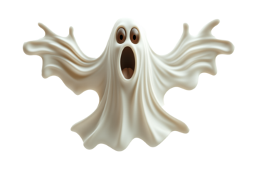 Flying white ghost character with surprised expression for Halloween design element isolated on transparent background