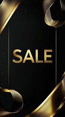 Vertical black-and-gold 'SALE' banner with flowing ribbons, designed for elegant and luxurious social media campaigns.