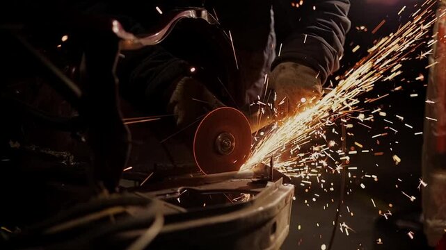 male master with a grinder is engaged in bodywork in a car.slow motion.worker repairs agricultural machinery with industrial angle grinder blade outside.