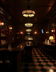 A dimly lit bar with a checkered floor, creating a cozy and nostalgic atmosphere, A 1920s Chicago speakeasy during prohibition, Side lit, with white tones