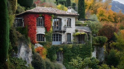A charming stone villa with ivy-covered walls nestled on an alpine hillside with vibrant autumn foliage.