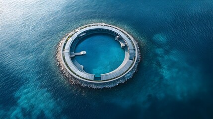 A circular ocean villa with a built-in lagoon for private swimming surrounded by endless blue waters.