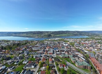 Fototapeta premium Spring in Lillehammer, aerial drone photo