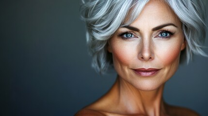 Naklejka premium A striking portrait of an elegant woman with radiant silver hair, showcasing flawless skin and captivating blue eyes against a soft, dark background.
