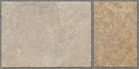 Natural stone brick background. Motifs on stone wall cladding. Carved stone designs, exterior floor...