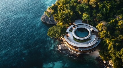 A circular ocean villa with an open-air design surrounded by lush greenery and pristine blue waters.