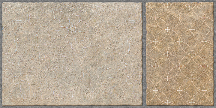 Natural stone brick background. Motifs on stone wall cladding. Carved stone designs, exterior floor and wall tiles concept. Heavy duty parking tiles.