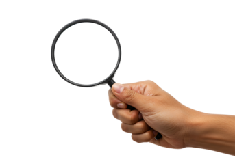 hand holding a magnifying glass on transparent background, png