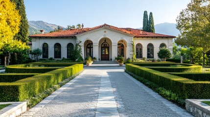 A classic villa with arched doorways a red tile roof and stone walkways surrounded by alpine vineyards.