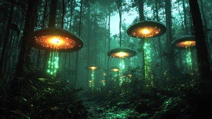 Fototapeta premium A dense, lush forest filled with AI-powered sensors attached to trees, monitoring biodiversity and environmental health. 