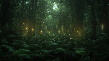 Fototapeta premium A dense, lush forest filled with AI-powered sensors attached to trees, monitoring biodiversity and environmental health. 