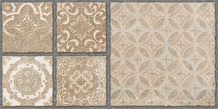 Background with pattern, Carved stone designs, exterior floor and wall tiles concept. Heavy duty parking tiles. Natural stone brick background. Motifs on stone wall cladding.