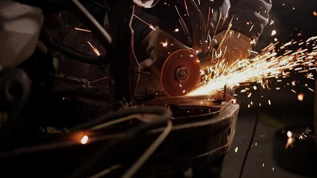 Repair service worker fix damaged car. Working with angle grinder to fix metal body.Car body sills