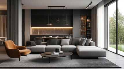 A modern living room featuring a sleek sectional sofa, stylish armchair, and minimalist decor, emphasizing comfort and contemporary design.