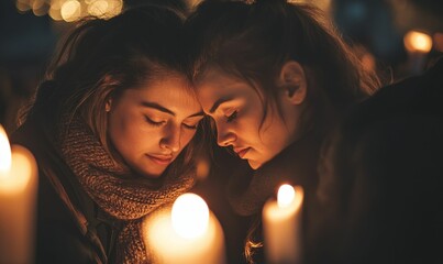 Two women embrace, candlelight glows nearby.